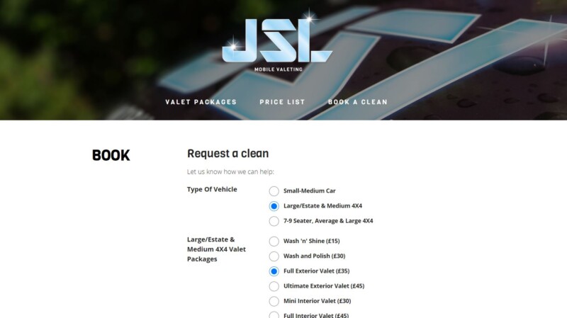 jsl valeting booking page 2020